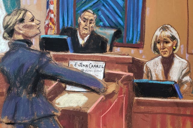 <p>Former U.S. President Donald Trump's lawyer Alina Habba cross examines E. Jean Carroll before Judge Lewis Kaplan during the second civil trial where Carroll accused Trump of raping her decades ago, at Manhattan Federal Court in New York City, U.S., January 18, 2024 </p>