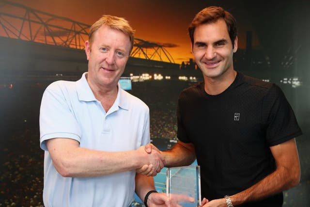 <p>Mike Dickson, the Daily Mail’s long-serving tennis correspondent (pictured with Roger Federer), has died at the age of 59</p>