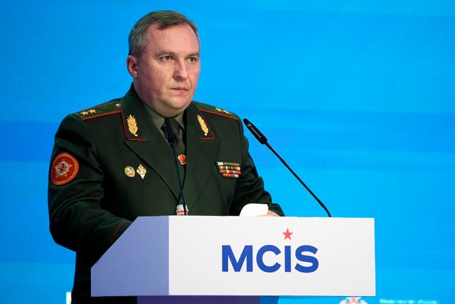 <p>Belarusian defence minister Viktor Khrenin delivers his speech at the International Military Forum Army-2023</p>