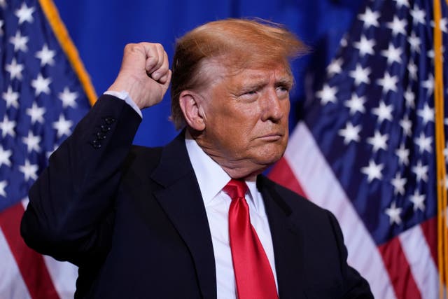 <p>Republican presidential candidate former President Donald Trump gestures after speaking at a campaign event in Atkinson, N.H., Tuesday, Jan. 16, 2024. (AP Photo/Matt Rourke)</p>