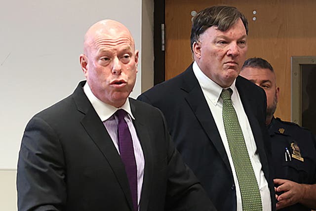 <p>Rex Heuermann (on right) in court with his attorney Michael Brown </p>