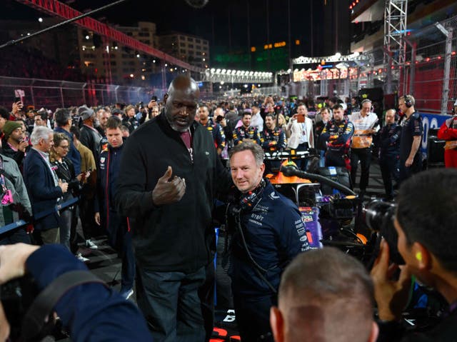 <p>Shaquille O’Neal meets Red Bull’s Christian Horner on the Las Vegas Grand Prix grid </p>