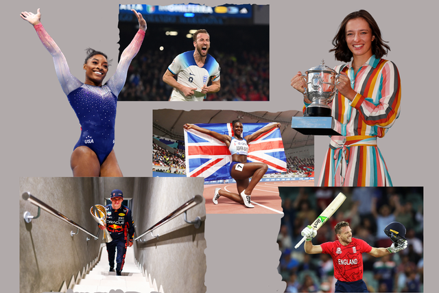<p>A big year ahead for (clockwise from top left) Simone Biles, Harry Kane, Dina Asher-Smith,  Iga Swiatek, Jos Buttler and Max Verstappen </p>