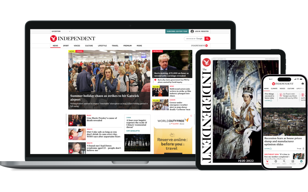 The Independent homepage displayed on mobile, tablet and desktop devices